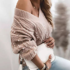 Hoobd Sexy Deep V Neck Pearl Beaded Sweater Women Autumn Long Sleeve Knitted Top Pullover New Winter Casual Streetwear Knitted Sweater