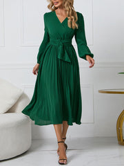Dress for Women Solid Color V Neck Long Sleeve Slim-fitting Pleated Dress Spring Summer Temperament Elegant Evening Party Skirts