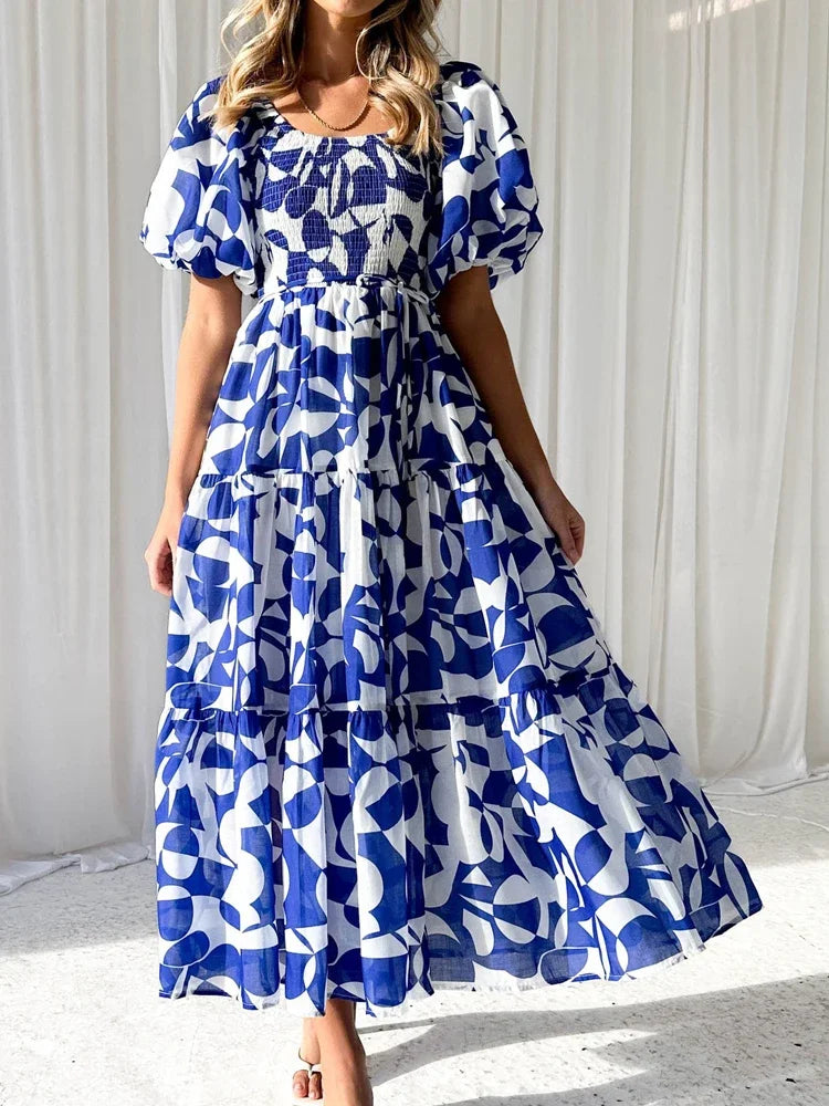 Women Dress Vintage Print Off Shoulder Puff Sleeve Elastic Waist Party Beach Style Sexy Dresses Spring Summer 2024