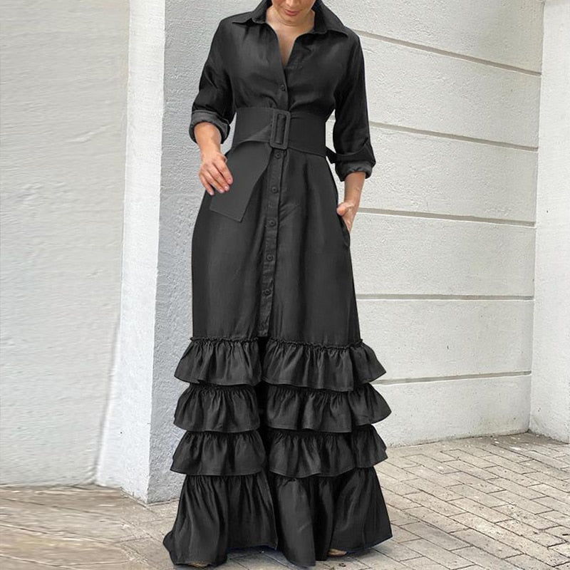 Hoobd Retro Turn-down Collar Long Sleeve Belt Dress Women Fashion Layered Ruffle Cake Dress Fall Single Breasted Elegant Party Dresses
