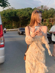 2023 Spring Elegant Floral Midi Dress Women Casual Outwear Beach Y2k Dress French Vintage One Piece Dress Korean Fashion Summer