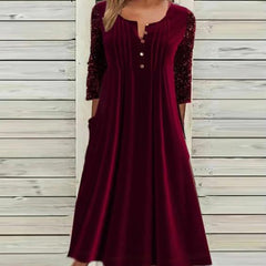 Women Square Collar 3/4 Sleeve Pleated Casual Dress Spring Elegant Sequin Splice Velvet Dress Loose Buttons Pocket Hem Dresses