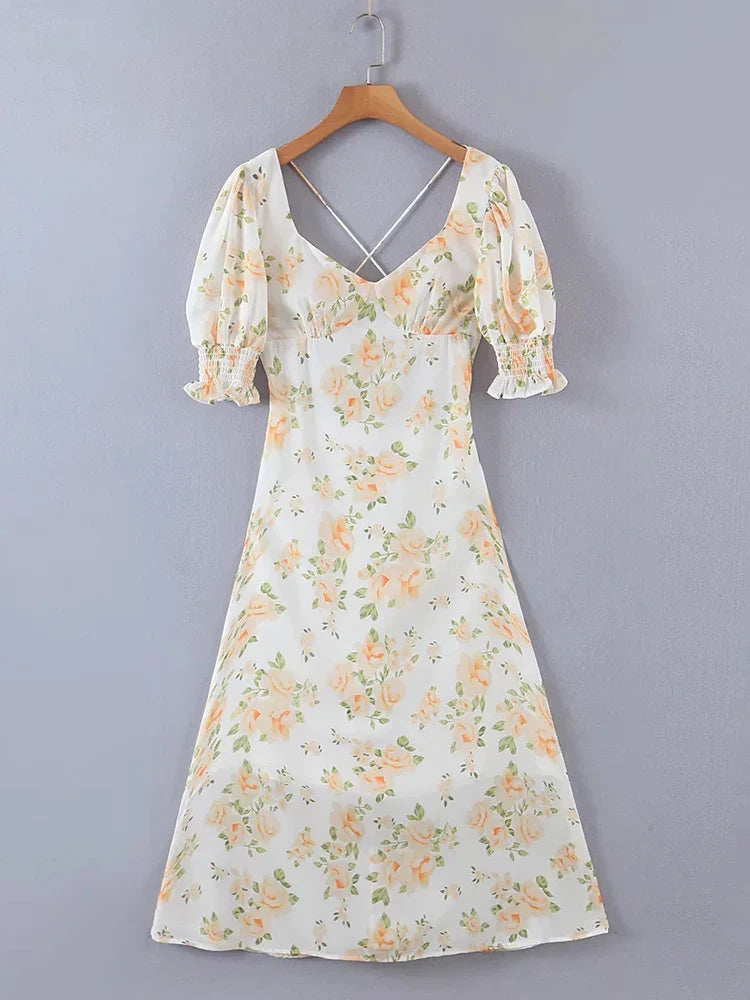 V Neck Floral Summer Long Dress Women Boho Beach Style Dresses Elegant Chiffon Maxi Dresses French Dress Women