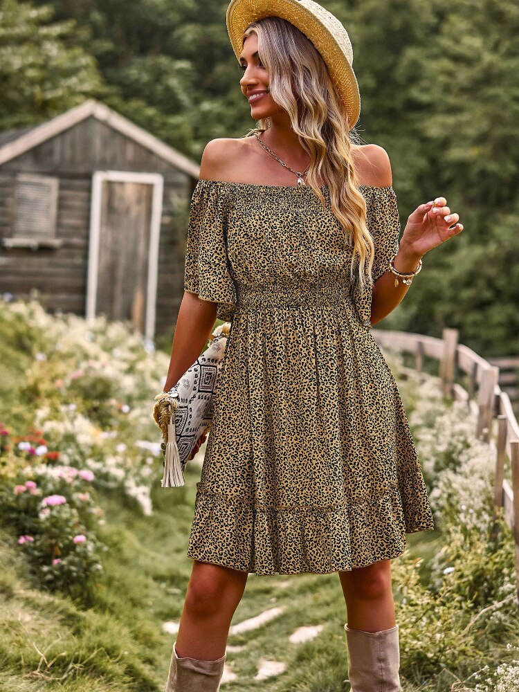 New In Spring/Summer 2023 Designer Shoulder Dress Leopard Print A-line Skirt Casual  Sexy Dress for Women Beach Vintage Dress