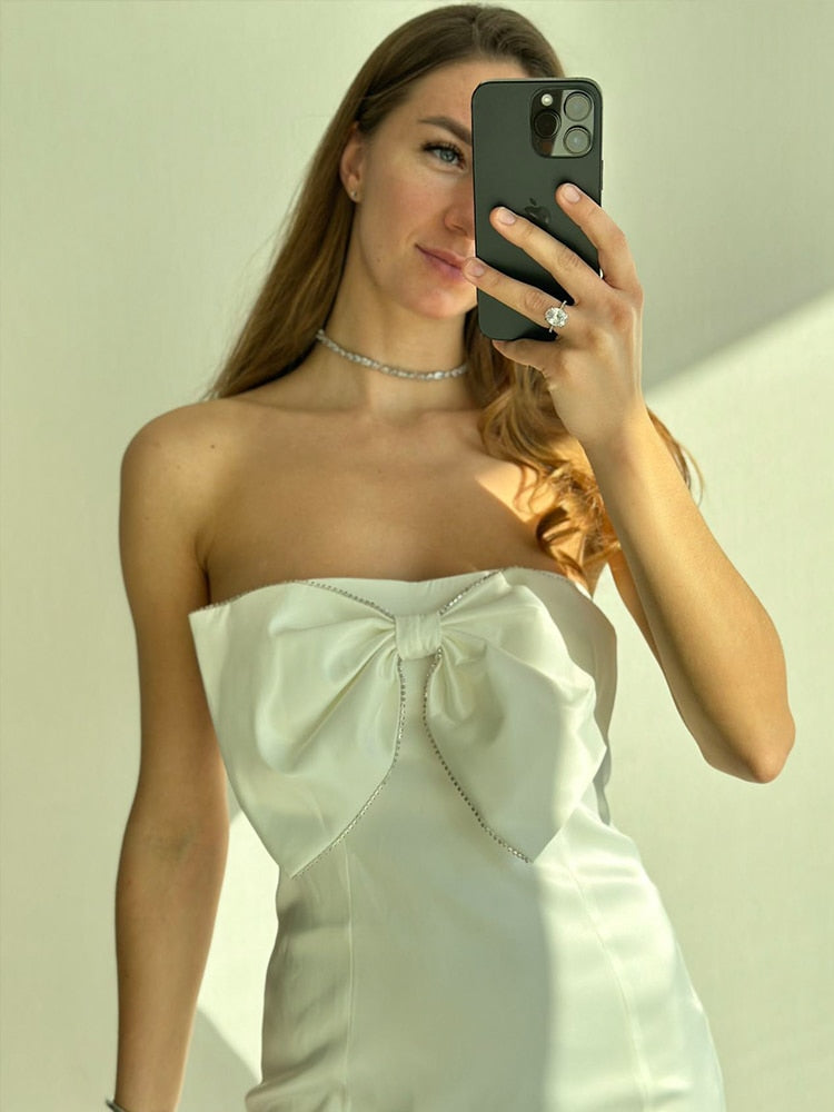 Suninheart Sexy Satin Strapless White Bodycon Dress