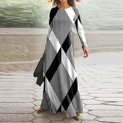 2023 Spring Geometric Print Long Party Dress Women Elegant O Neck Office Maxi Dress Autumn Long Sleeve Hem Boho Lady Dress Mujer