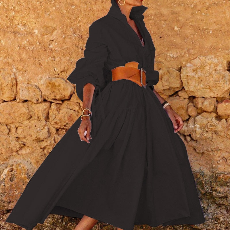 Hoobd2023 Chic Solid Color Lapel Shirt Dress Women Spring Button-up Long Pullover Dress New Autumn Long Sleeve Hem Pleated Maxi Dress
