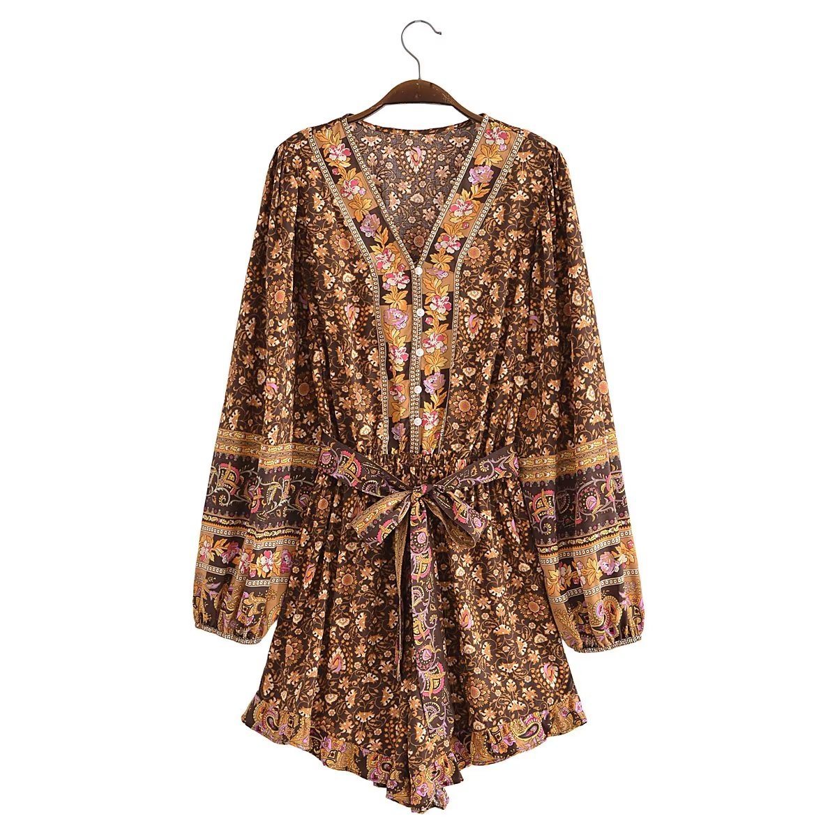 New Femme Boho Playsuits Ruffled A-line Jumpsuits Long Sleeve Rayon High Waist Fashion Rompers Mujer Flare Pants Printing Suits