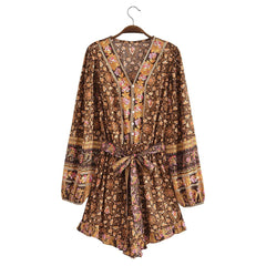 New Femme Boho Playsuits Ruffled A-line Jumpsuits Long Sleeve Rayon High Waist Fashion Rompers Mujer Flare Pants Printing Suits