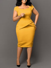 Hoobd Women Bodycon Dress Elegant Square Collar Office Ladies Classy Female Occasion Elastic Short Sleeves Summer Fashion African New