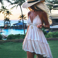 Hoobd summer dress cotton lace pleated halter backless beach dresses V-neck sexy dress women bohemian vestidos 2023