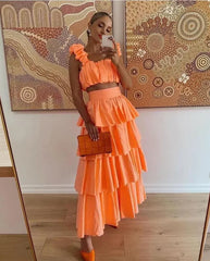 High Quality 2024 Summer Women Sexy Top and High Waist Ruffled Layer Skirts Holiday Vocation 2piece Sets