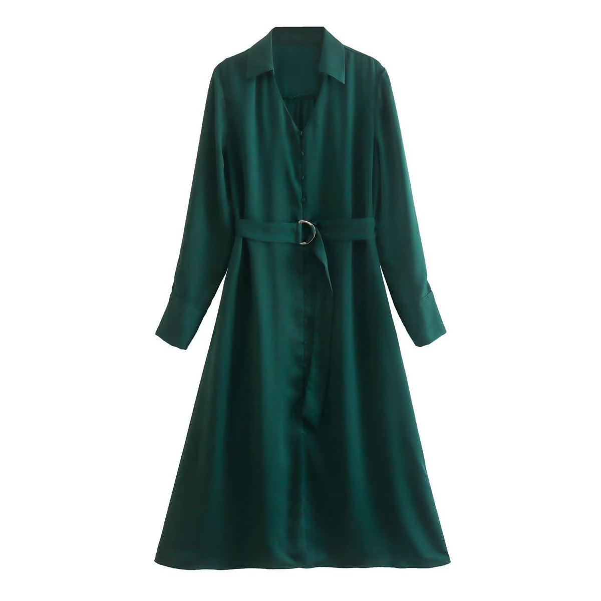 2023 New Spring Women With Blet Green Satin Shirt Dress Long Sleeve Female Midi Vestidos