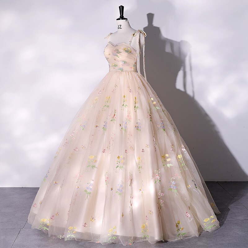 Hoobd Fashion Spaghetti Strap Quinceanera Dresses New Champagne Colorful Floral Tulle Ball Gown Simple Sweet Fairy Vestido De Baile