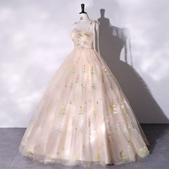 Hoobd Fashion Spaghetti Strap Quinceanera Dresses New Champagne Colorful Floral Tulle Ball Gown Simple Sweet Fairy Vestido De Baile