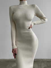 Fashion High-neck Bodycon White Knitted Midi Dresses Women 2022 Autumn Winter Sexy Solid Color High Street Woolen Warm Dress