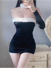 Cute Loli Tight Mini Dress Strapless Long Sleeve Slim Hip High Waist New Sexy Sweet Spicy Black Elegant Korean  8G3B