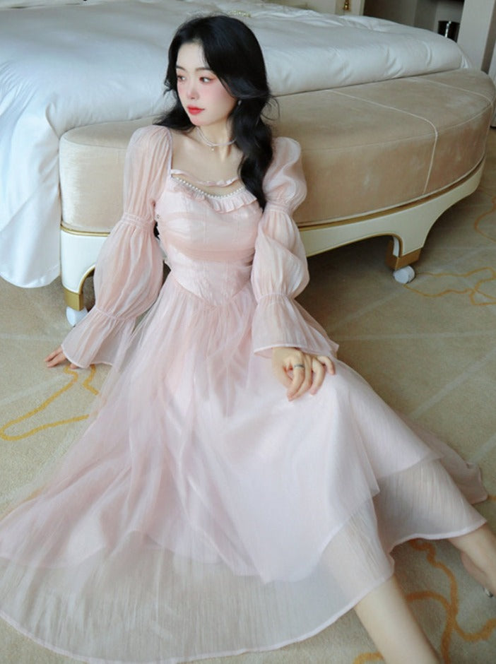 Hoobd Elegant Evening Party Midi Dress Women Bubble Sleeve French Vintage Sweet Dress Female Pink Korean Style Fairy Dress Autumn