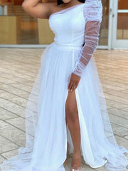 Women Mesh Long Dress One Shoulder High Waist Slit See Through Sleeve African Female Gowns Occasion Celebrate Wedding Guest Robe