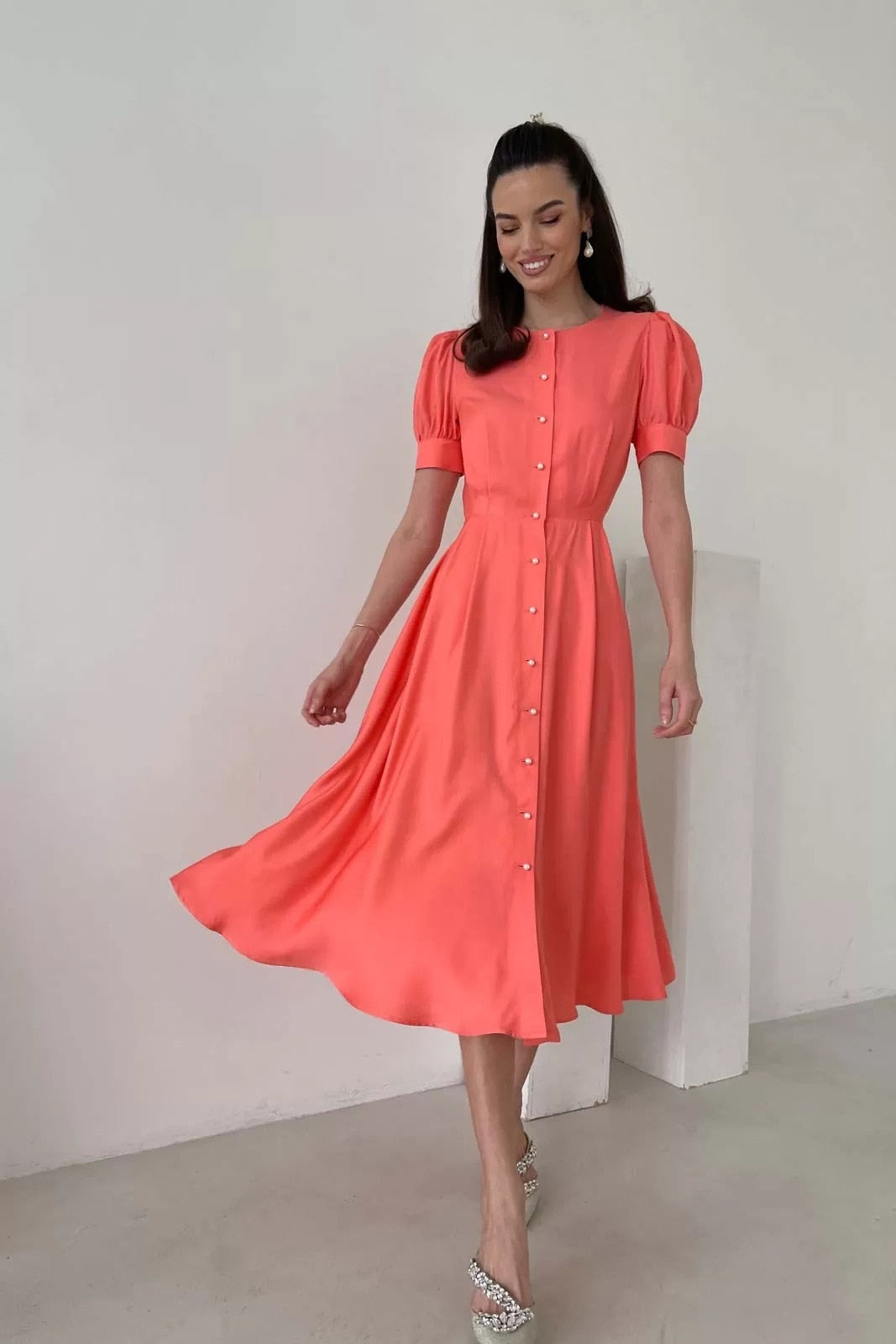 Hoobd Women Puff Sleeve O-neck Button Elegant Midi Dress Summer New Solid Color Casual Single-breasted High Waist Red Party Vestidos