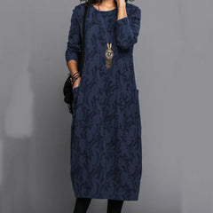 Women Midi Dress for Women 2023 Vintage Print Long Sleeves Crew Neck Dress Spring Autumn Loose Double Pockets Dress Streetwear