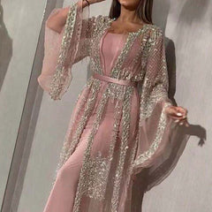 Hoobd Fashion Sequins Mesh Mopping Maxi Dress French Vintage Belt Women Club Dress Elegant O Neck Flare Sleeve Lace Evening Dress