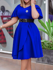 Hoobd Women Dress A Line Ruffle Eleagant Party with Waist Belt Blue Short Sleeve Office Lady Classy Modest Robe Fit Autumn New Fashion