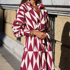 Fashion V Neck Long Sleeve Shirt Dresses Autumn Loose Waist Office Commute Women Dress Geometry Pattern Print Lace Up Midi Dress