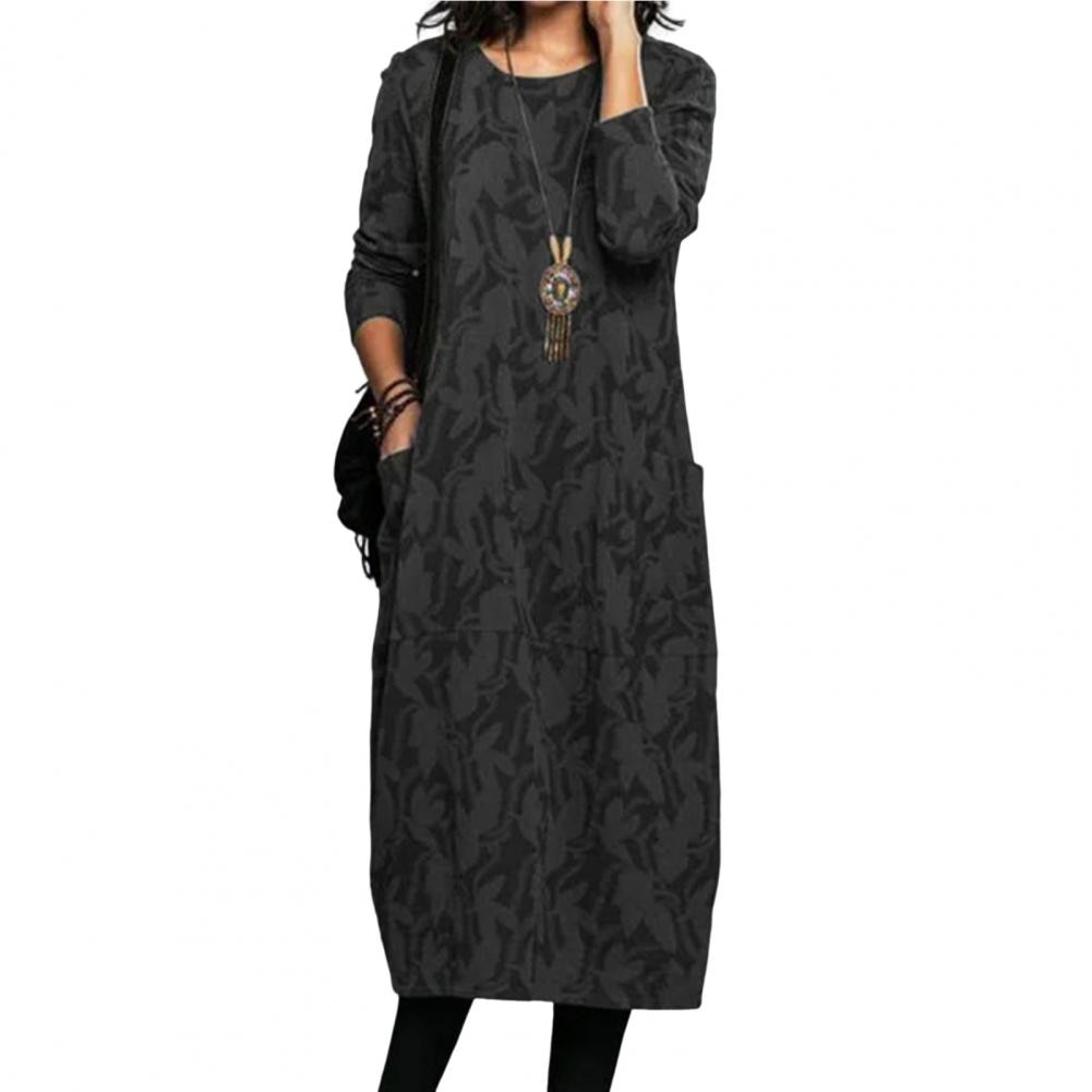 Women Midi Dress for Women 2023 Vintage Print Long Sleeves Crew Neck Dress Spring Autumn Loose Double Pockets Dress Streetwear