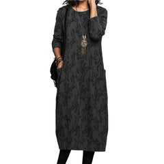 Women Midi Dress for Women 2023 Vintage Print Long Sleeves Crew Neck Dress Spring Autumn Loose Double Pockets Dress Streetwear