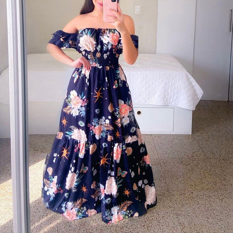 Hoobd Sexy Off The Shoulder Tube Top Dress Butterfly Rainbow Floral Print Dress Ladies Elegant Slim Summer Bohemian Party Maxi Dresses