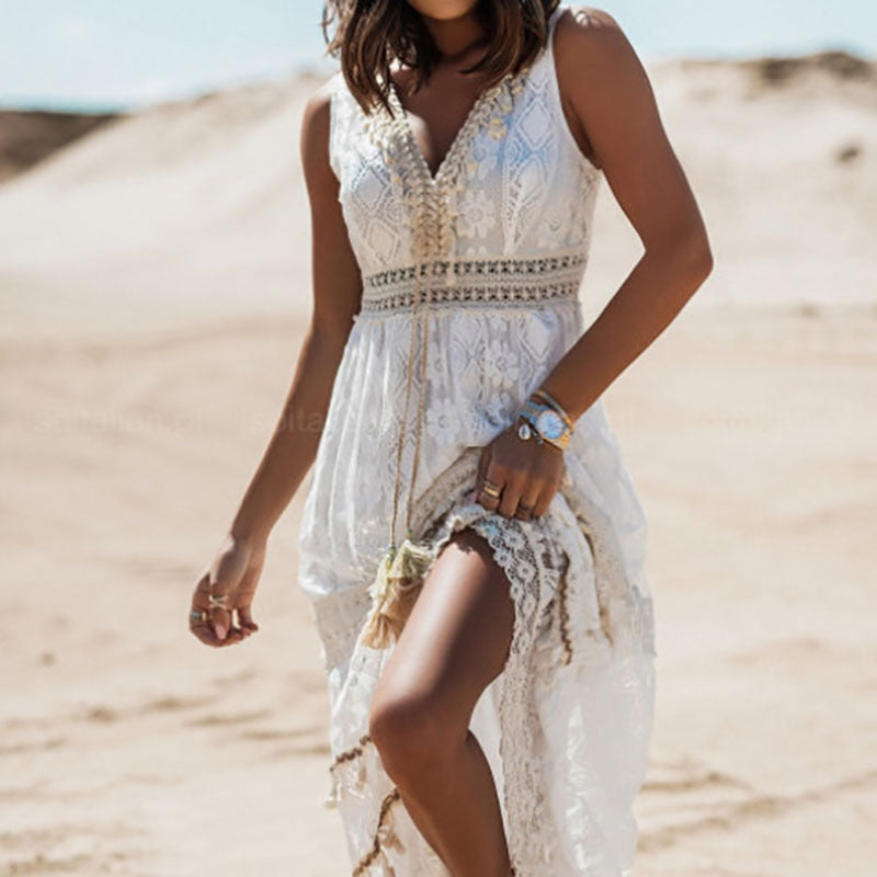 Hoobd Elegant V Neck Lady Loose Maxi Party Dress Women Flare Sleeve Solid Lace Dress Summer Hollow Out Casual Long Dress Vestidos