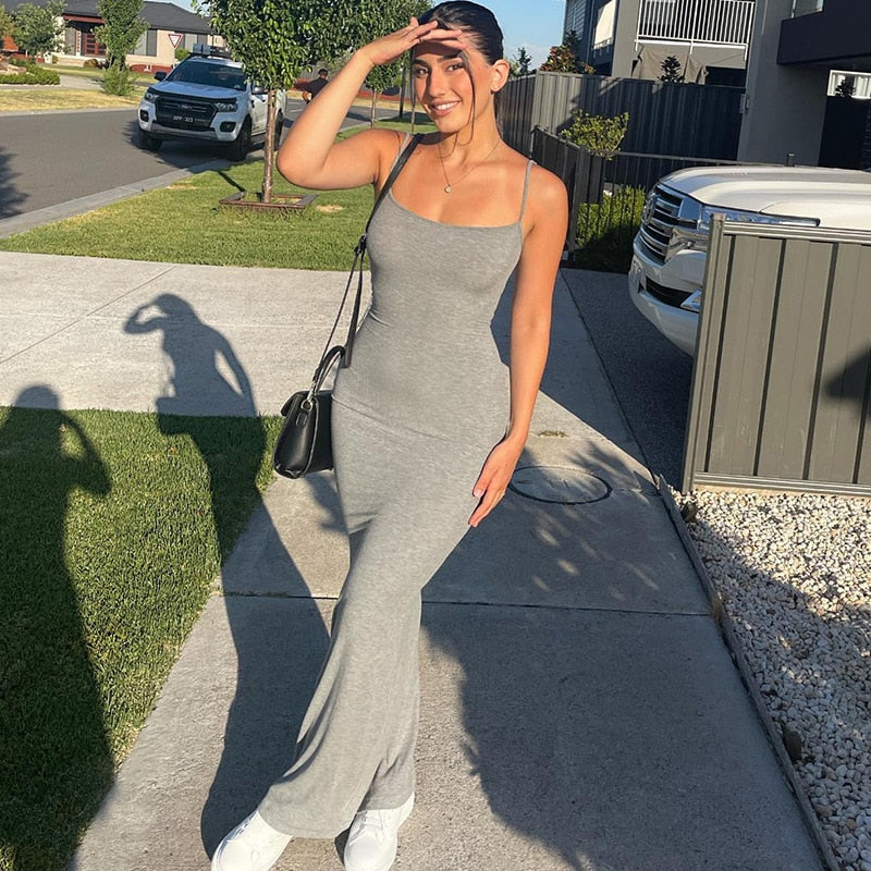 2023 Summer Women Sexy Spaghetti Strap Black Skims Long Dress Y2k Sleeveless Solid Skinny Bodycon Trumpet Maxi Dresses Vestidos
