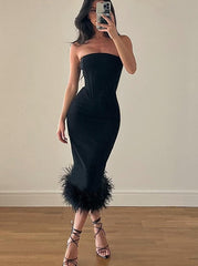 Hoobd Fall Winter Party Dresses For Women Strapless Feather Evening Dresses Elegant Formal Party Dresses For Women Sexy Corset Bodycon Midi Dress White Black