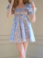 Sweet Princess Blue Flower Print Square Collar Puff Sleeve Mini Dress