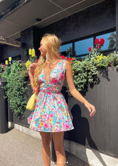 Hoobd New Backless Sexy Women Mini Dress Sleeveless V Neck Backless Flower Print Summer Club Party Dress Sundress Streetwear S M L