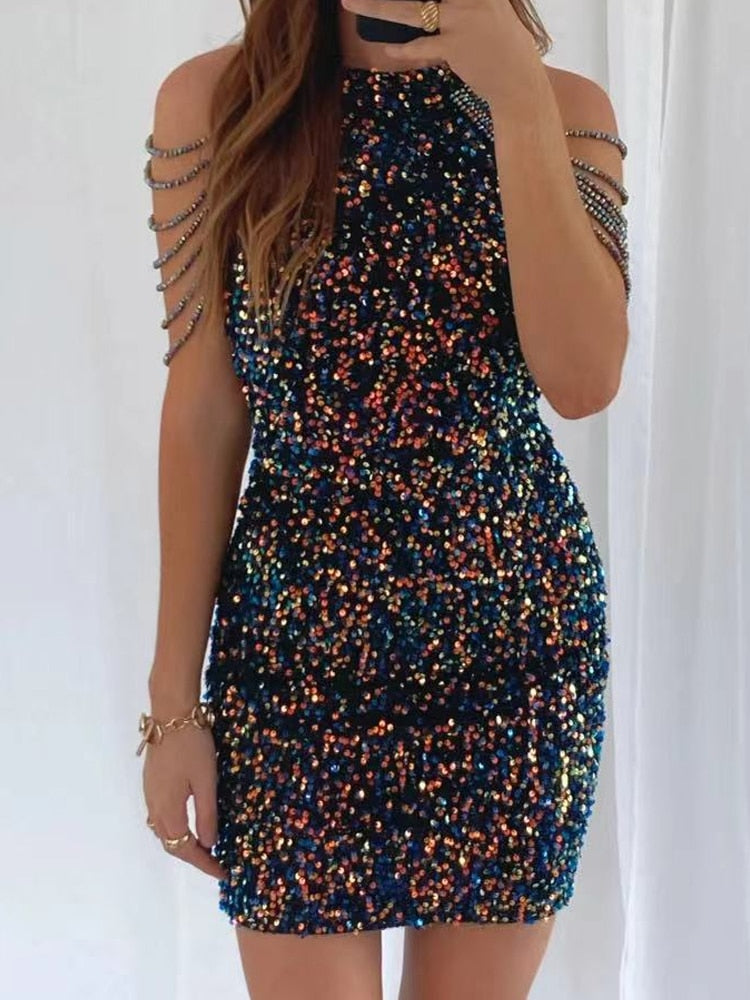 Hoobd Women Sexy Sleeveless Off Shoulder Skinny Dress New High Waist Party Short Dress Summer Fashion Halter Chain Sequin Dress