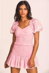 Hoobd High Quality 2023 Summer Pink Short Sleeve Women Ruffled Mini Dress