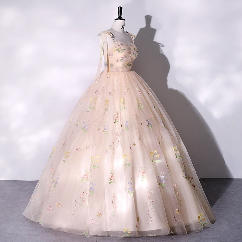 Hoobd Fashion Spaghetti Strap Quinceanera Dresses New Champagne Colorful Floral Tulle Ball Gown Simple Sweet Fairy Vestido De Baile