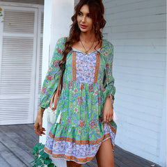 Bohe Vintage Floral Print Tassel Loose Summer Dress For Women Casual V-neck Ruffles Mini Dress Female Spring Holiday Party Dress