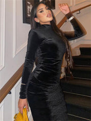 Sexy Bodycon Maxi Velvet Dress Women Birthday Party Dress Turtleneck Zip Up Long Sleeves Black Dress
