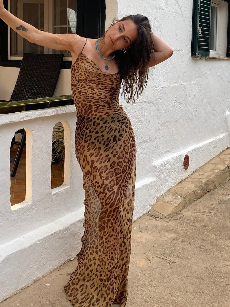 Hoobd Leopard Print V-Neck Sexy Bodycon Long Dress Women Lace Up Backless Summer Dresses Female Straps Party Beach Vestidos