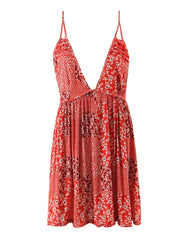 Hoobd Boho Strap Print Dress Woman 2023 Summer Beach Vacation New Sexy Deep V Neck High Waist Backless Mini Dress Female