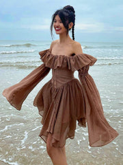 Hoobd Elegant Chiffon Corset Dress Brown Flare Long Sleeve Mini Dresses Vacation Short Party Dress Ruffles Slash Neck Outfit