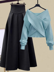 Hoobd2023 Autumn Winter Skirt Sets For Women Outfits Korean Casual Knitwears Pullover Sweater And High Waist Skirts Two Piece Sets