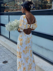 V Neck Floral Summer Long Dress Women Boho Beach Style Dresses Elegant Chiffon Maxi Dresses French Dress Women