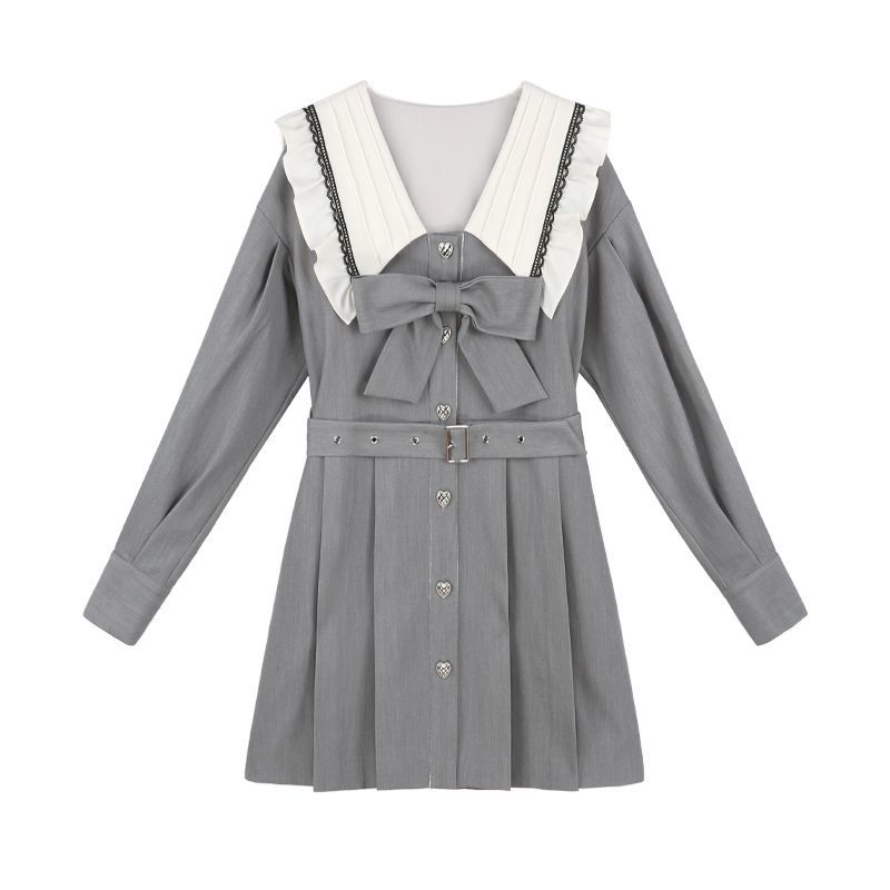Kawaii Preppy Style Dress Women Bow Belt Elegant Vintage Dresses Puff Sleeve Sailor Collar Long Sleeve Gray Robe Korean