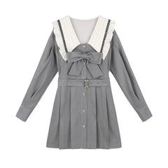 Kawaii Preppy Style Dress Women Bow Belt Elegant Vintage Dresses Puff Sleeve Sailor Collar Long Sleeve Gray Robe Korean