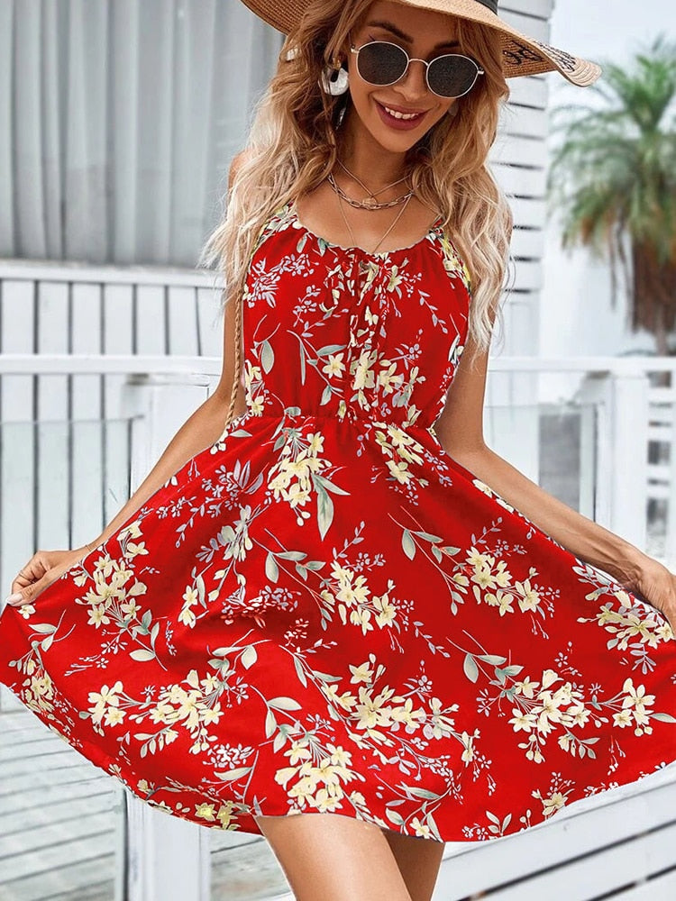 Sexy Floral Print Short Dress Women Summer Fashion Black Backless Beach Sundress Casual Sleeveless Lace-up New In Dresses 2023