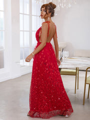 Plunging Neck Tie Shoulder Backless Split Thigh Embroidery Mesh Prom Dress